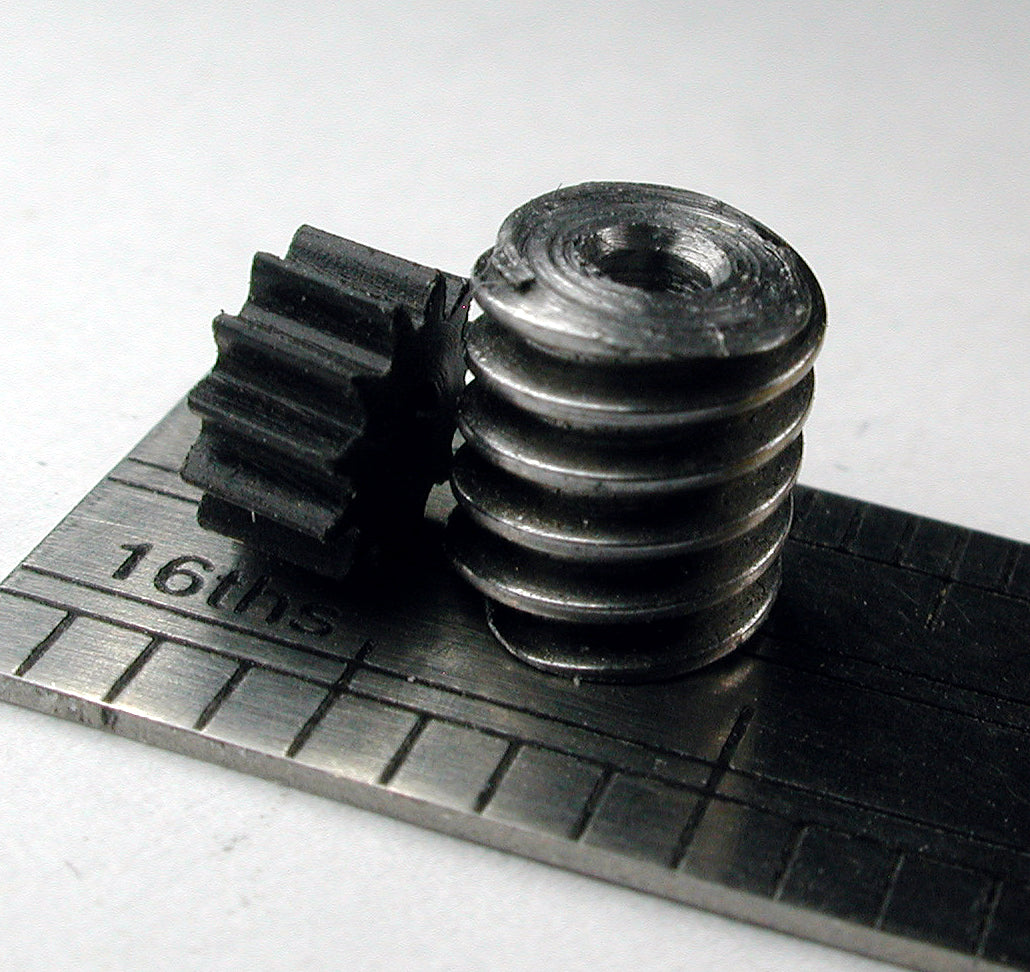 Worm and Worm Gear, 2 Lead, 0.4mod x 12 Teeth x 5.5mm OD x 1.45mm Bore, Delrin