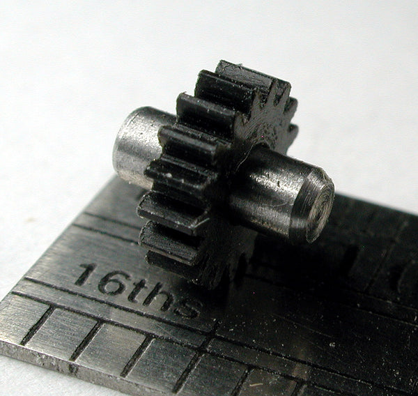 Spur Gear, 72DP x 17 Teeth x 6.6mm OD x 0.079" Face x 2.5mm Bore, Brass, Assembled on 2.5mm x 6.5mm Shaft