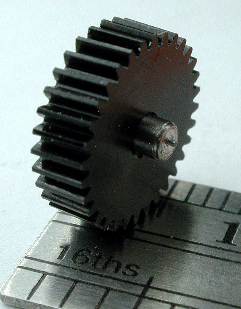 Reverse Worm Gear, 0.3mod x 32 Teeth x 10.35mm OD x 0.114" Face, Delrin, Assembled on 2mm x 5.5mm Shaft