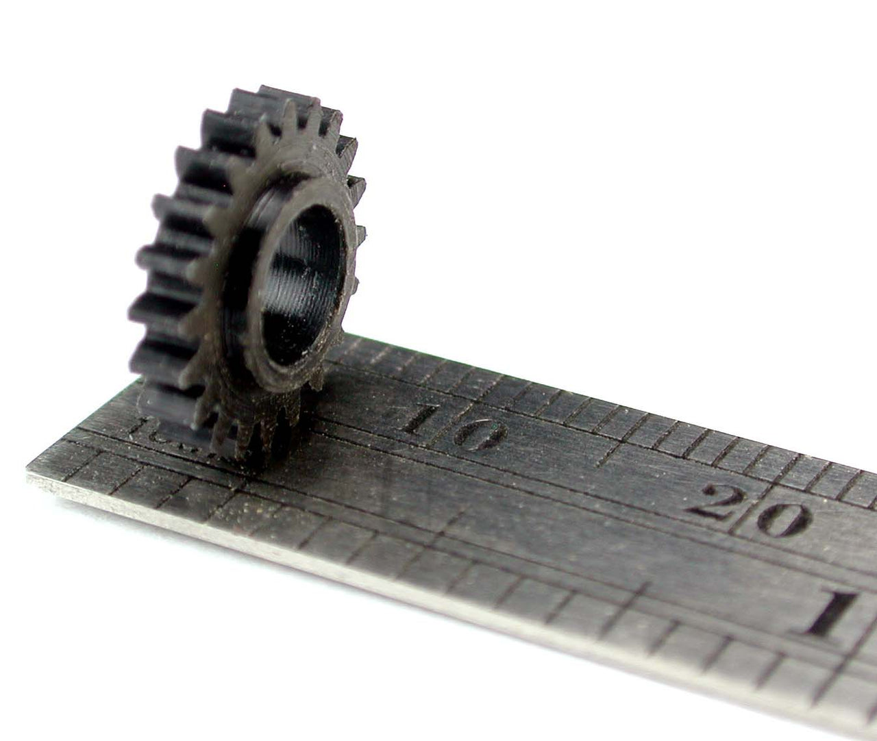 Spur Gear, 0.5mod x 20 Teeth x 10.9mm OD x 0.142" Face x 4.9mm Bore, Delrin, Hubbed