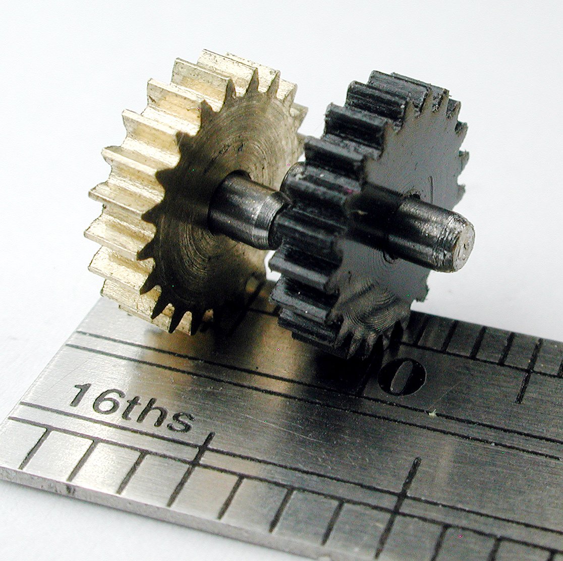 Spur Gear, 0.4mod x 21 Teeth x 9.2mm OD x 0.089" Face x 2.0mm Bore, Assembled on 2mm x 6.35mm Shaft (2/pkg)