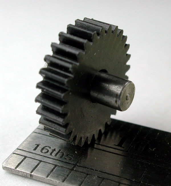 Worm Gear, 0.4mod x 28 Teeth x 11.95mm OD x 0.116" Face x 3.0mm Bore, Delrin, Assembled on 3.0mm x 9.45mm Shaft