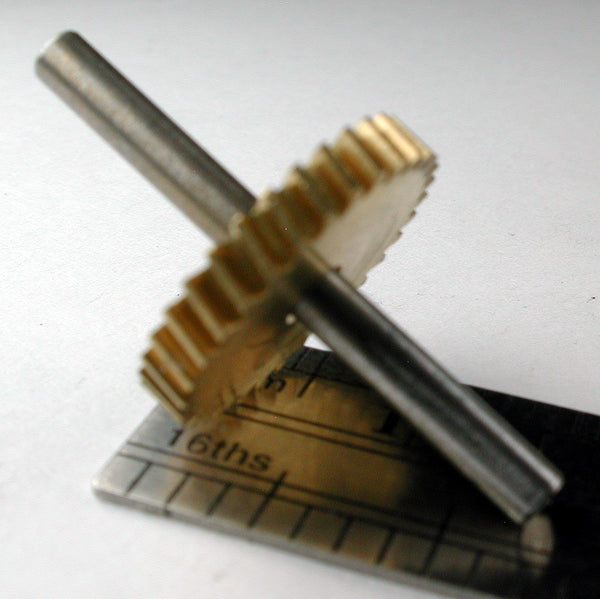 Worm Gear, 0.4mod x 32 Teeth x 13.6mm OD x 0.083" Face, Assembled on 2.4mm x 10.5mm Shaft, Brass