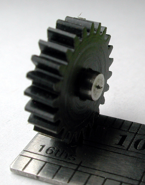 Worm Gear, 0.5mod x 23 Teeth x 12.5mm OD x 0.128" Face x 3.0mm Bore, Delrin, Assembled on 3.0mm x 6.6mm Shaft