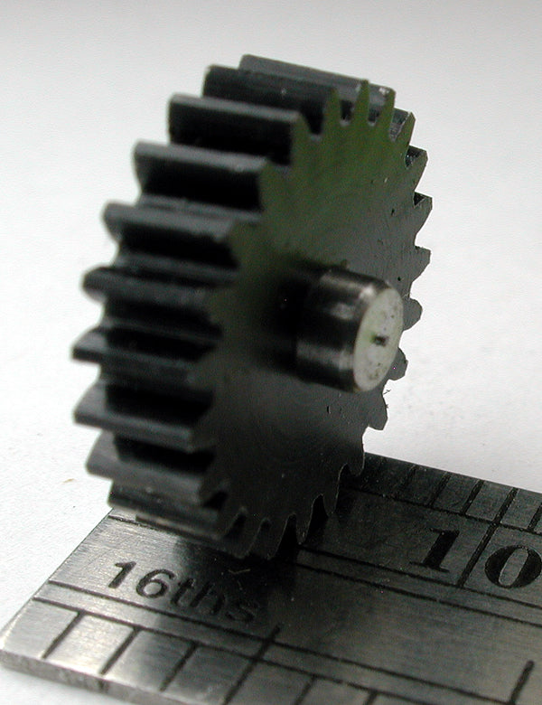 Reverse Worm Gear, 0.5mod x 23 Teeth x 12.5mm OD x 0.128" Face x 3.0mm Bore, Delrin, Assembled on 3.0mm x 6.6mm Shaft