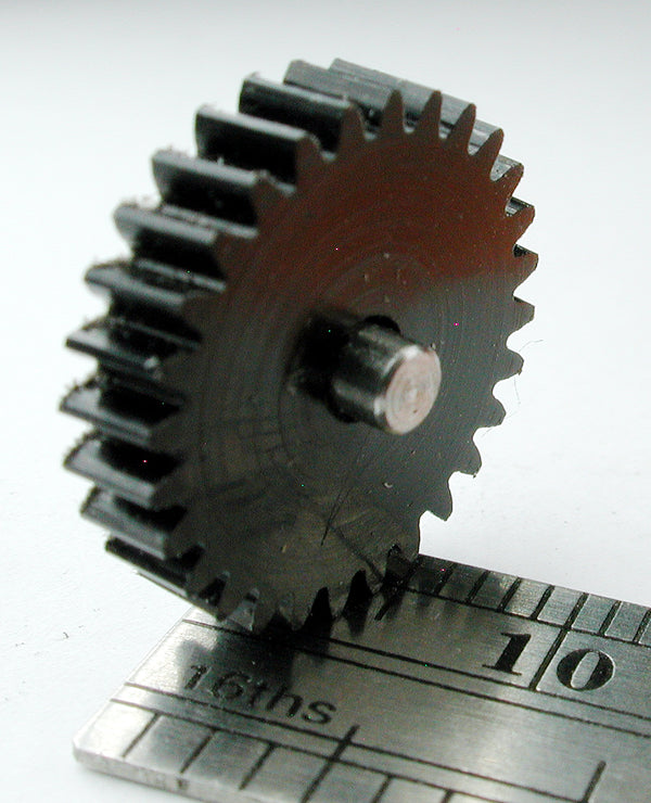 Reverse Worm Gear, 0.5mod x 28 Teeth x 15.0mm OD x 0.110" Face x 2.5mm Bore, Delrin, Assembled on 2.5mm x .270" Shaft