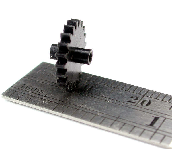 Spur Gear, 0.5mod x 20 Teeth x 10.9mm OD x 0.065" Face x 1.5mm Bore, Delrin, Hubbed