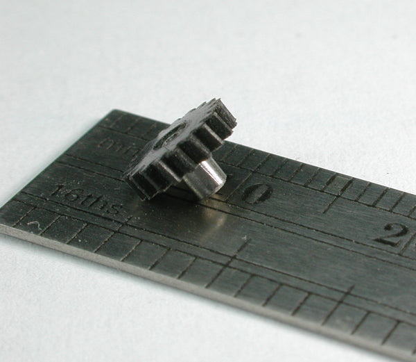 Reverse Worm Gear, 2 Lead, 0.3mod x 19 Teeth x 6.3mm OD x 1.5mm Face x Assembled on 2.0mm OD x 3.5mm L pin, Delrin