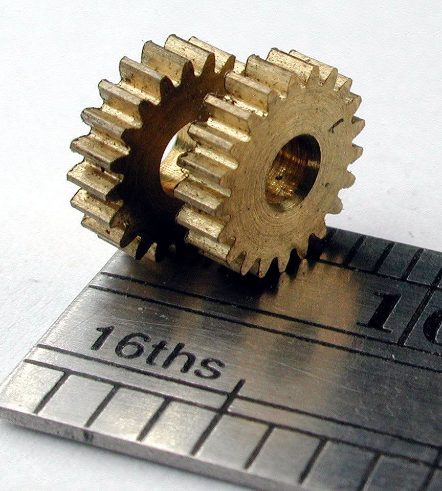 Spur Gear, 0.3mod x 21 Teeth x 6.9mm OD x 0.071" Face x 2.25mm Bore, Brass, Assembled on 2.25mm x 7.0mm Shaft (2/pkg)